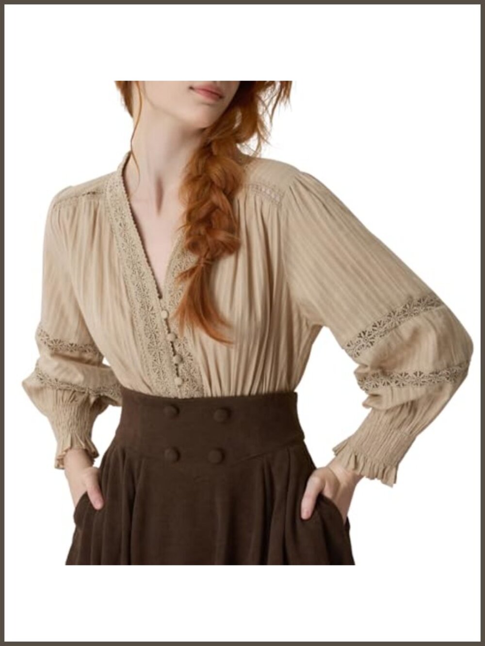 Cotton Peasant Blouse V Neck Long Sleeve Renaissance Top